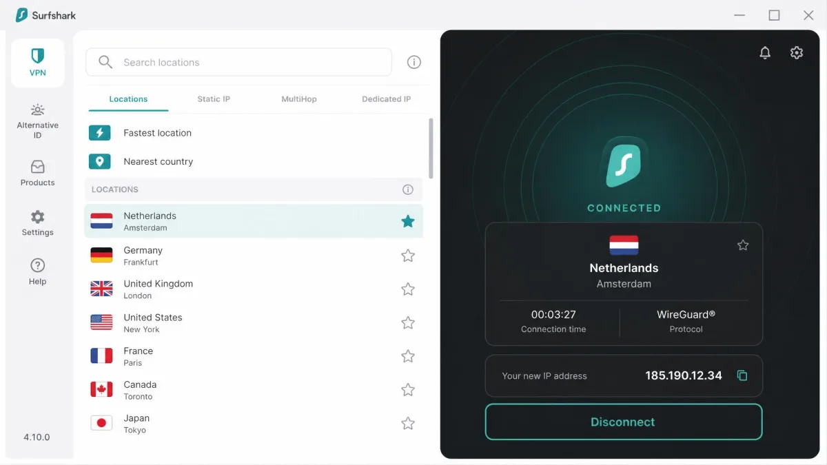 The Surfshark Windows app connected to a Netherlands server, showing the green connected status, the new IP address, and the location list open on the left.