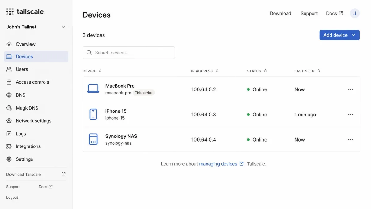Tailscale admin console showing a list of connected devices including a laptop, a phone, and a NAS, each with its assigned 100.x IP address and online status indicator.