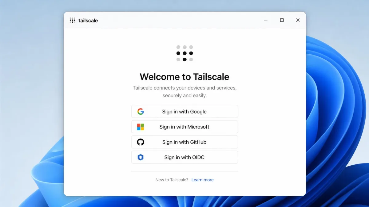 Tailscale desktop client on first run showing the single sign-in screen with identity provider buttons, illustrating how few steps stand between install and a connected device.