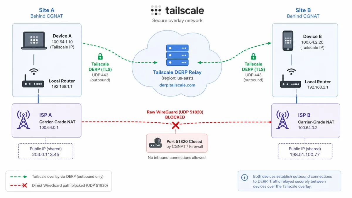 A network diagram showing two devices behind carrier-grade NAT connecting through Tailscale's DERP relay, with a raw WireGuard path blocked by a closed router port.