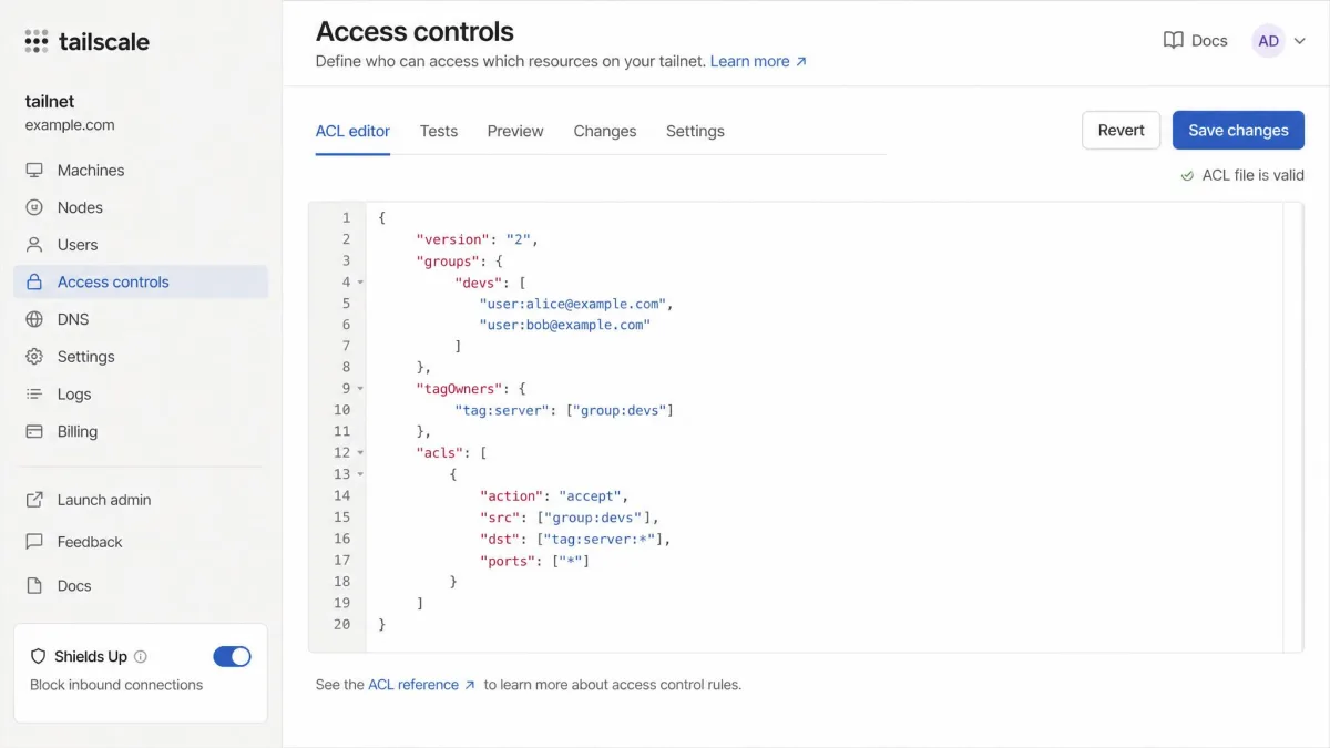 The Tailscale admin console ACL editor showing JSON access-control rules granting a group access to a tagged server, with the Shields Up toggle visible in the sidebar.