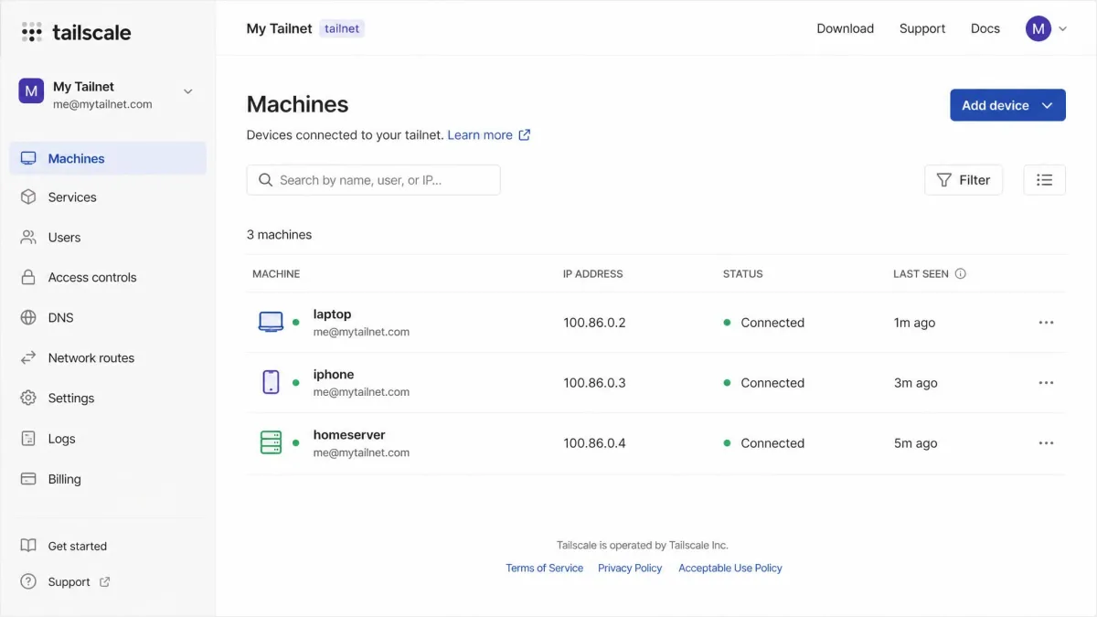 The Tailscale admin console showing a tailnet device list with machine names, assigned IP addresses, connection status, and last-seen timestamps across a laptop, phone, and home server.