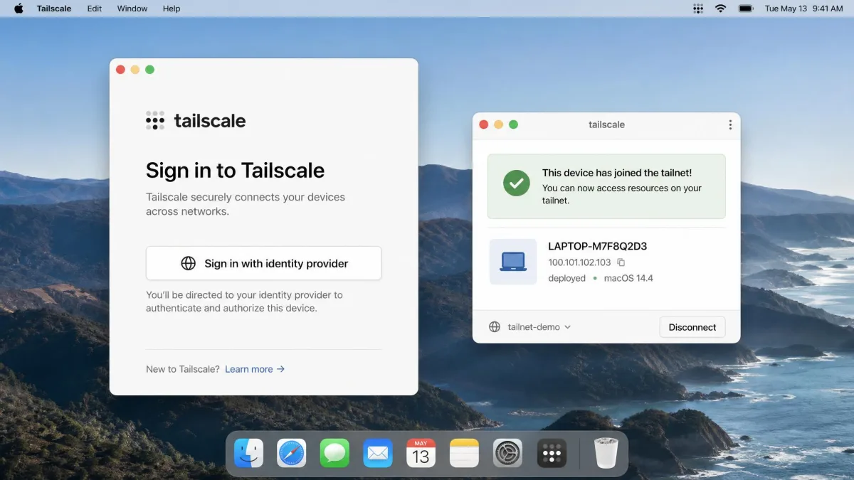 The Tailscale desktop client sign-in screen prompting the user to authenticate with an identity provider, alongside a device that has just joined the tailnet.