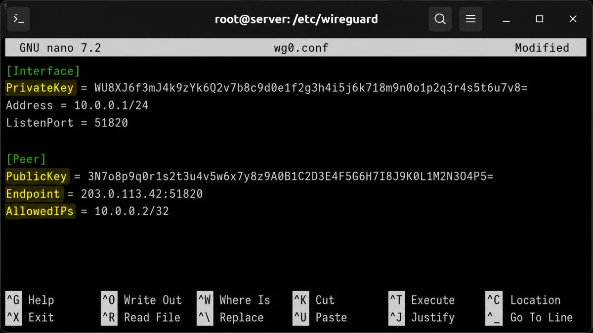 A WireGuard wg0.conf file open in a terminal showing the [Interface] and [Peer] sections with PrivateKey, PublicKey, Endpoint, and AllowedIPs lines highlighted.