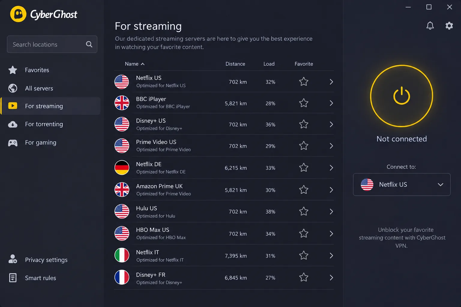 CyberGhost's server list filtered to "For streaming", showing servers labeled for Netflix US, BBC iPlayer, Disney+ and Prime Video.