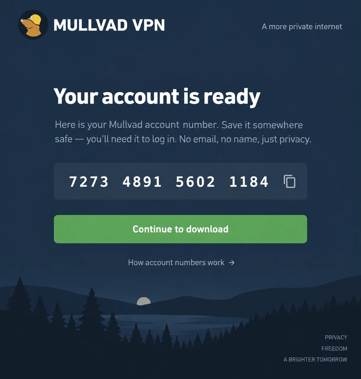 Mullvad VPN's sign-up screen displaying a freshly generated 16-digit account number, with no email or name fields on the page.
