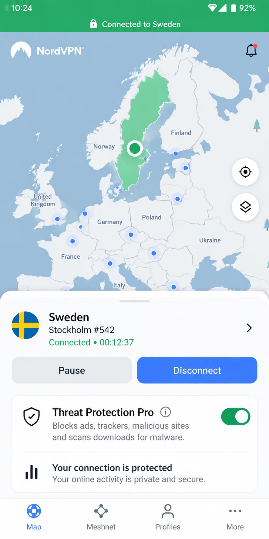 The NordVPN Android app connected to a nearby server, showing the map view and the Threat Protection Pro toggle switched on.
