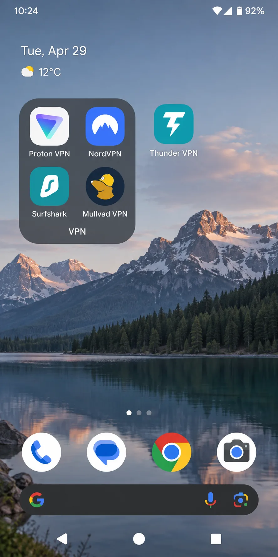 An Android phone home screen showing the Proton VPN, NordVPN, Surfshark and Mullvad VPN app icons in one folder next to the Thunder VPN icon.