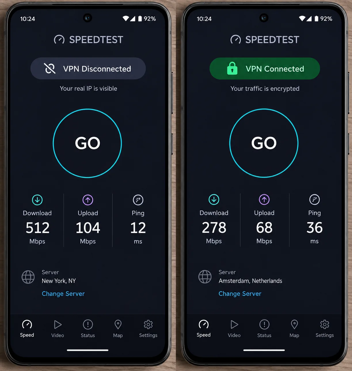 A speed test app on an Android phone showing download, upload and ping results side by side with a VPN connected and disconnected.