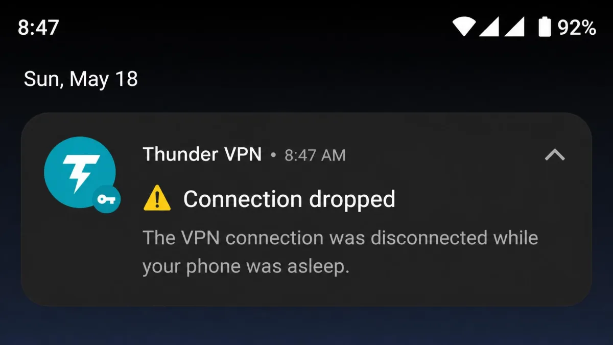 An Android status-bar notification showing the Thunder VPN key icon alongside a warning that the connection dropped while the phone was asleep.
