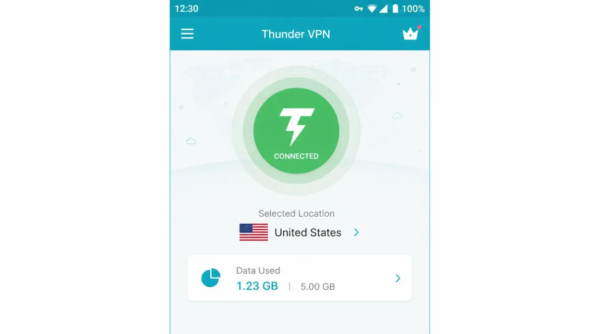 Thunder VPN's Android home screen showing the large central connect button in the connected green state, with the selected country flag and a data-usage readout below it.