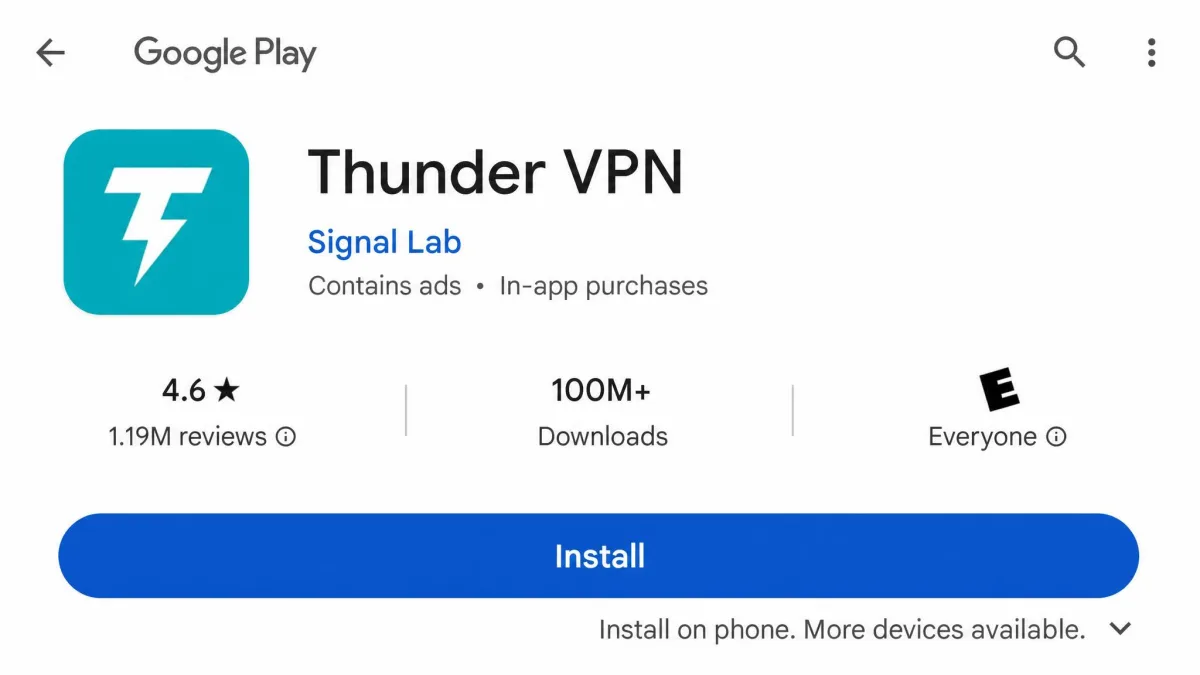 The Thunder VPN listing on the Google Play Store showing the install button, developer name Signal Lab, and the install count and star rating near the top.