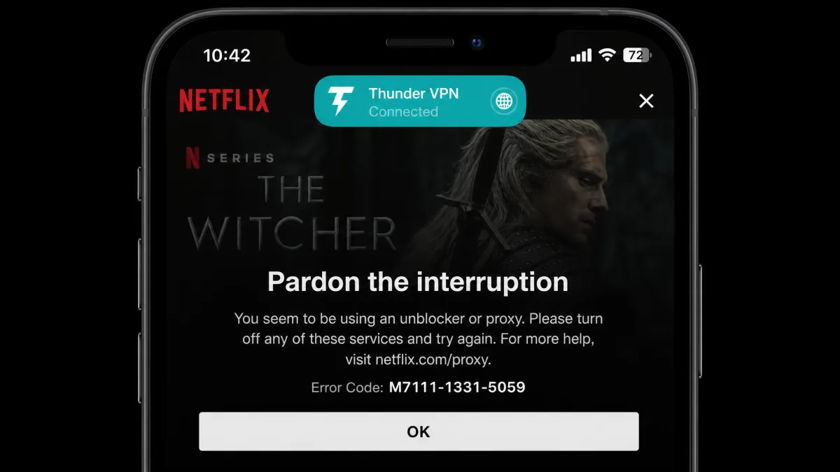 A phone screen showing the Netflix proxy error message while Thunder VPN is connected, with the streaming error code visible over a dimmed title thumbnail.