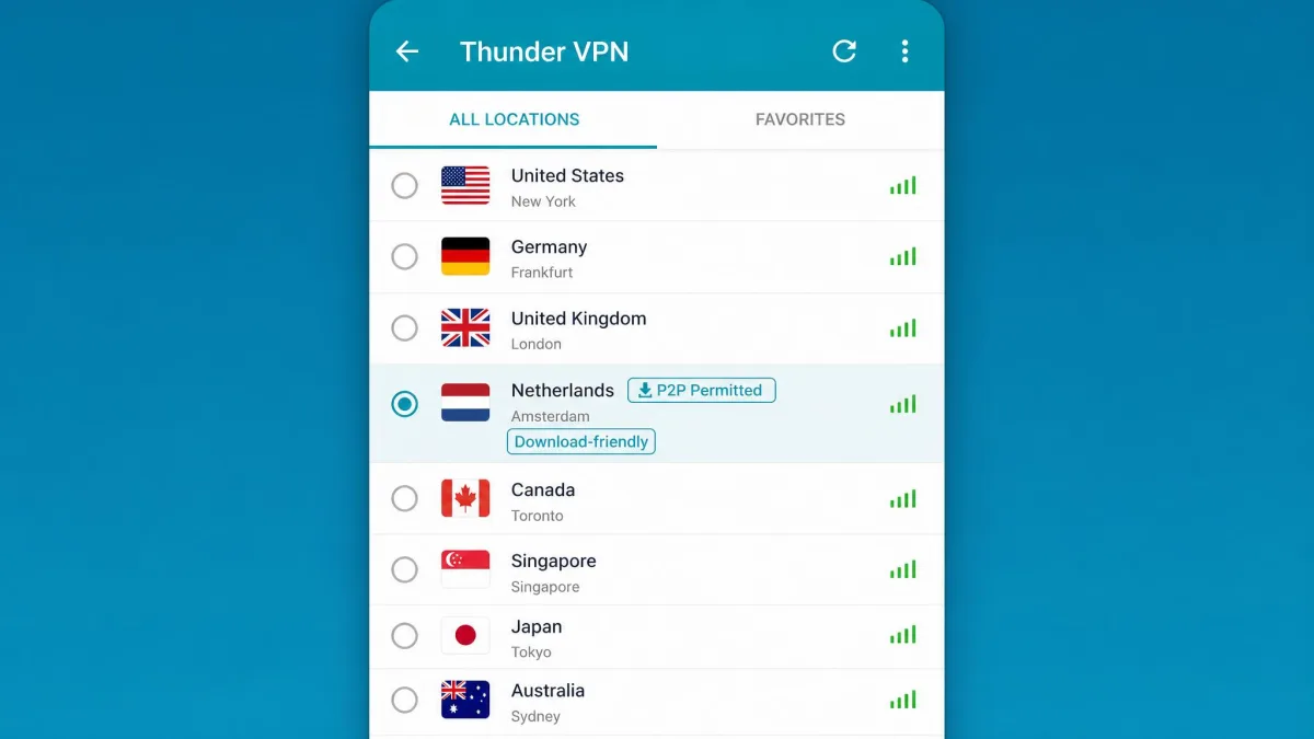 Thunder VPN's server list with a P2P-permitted server highlighted, showing the download-friendly label next to the country flag.