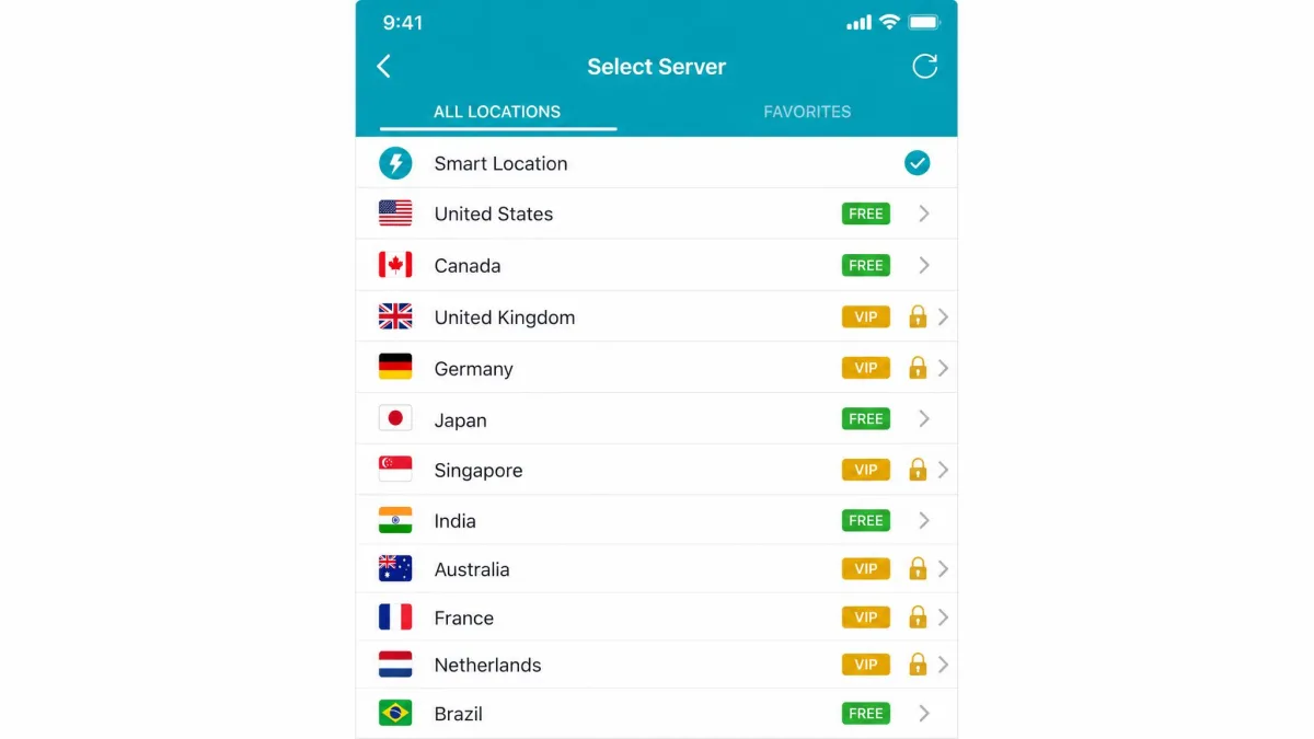 Thunder VPN's server selection screen listing the available countries as flag rows, with several VIP locations marked by a lock icon.