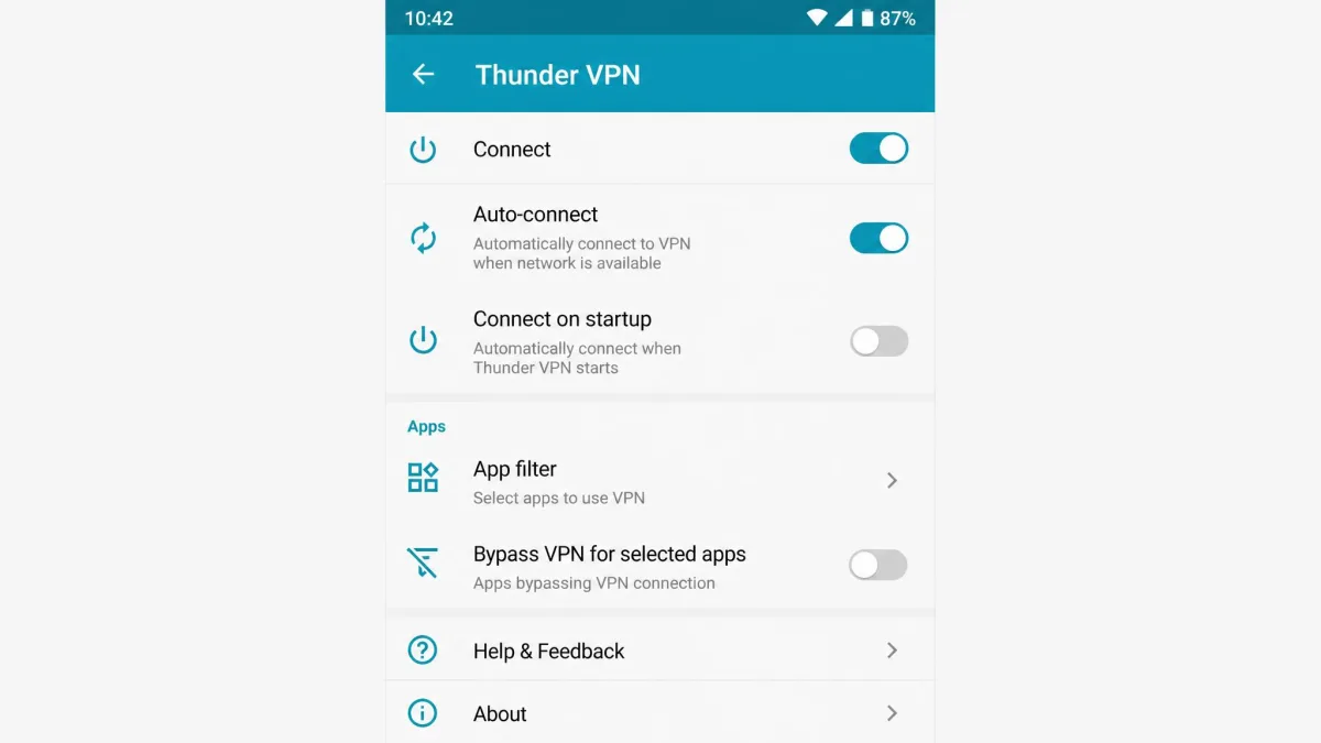 Thunder VPN's Android settings screen showing the limited configuration options, with no protocol selector and only a handful of toggles for auto-connect and app filtering.