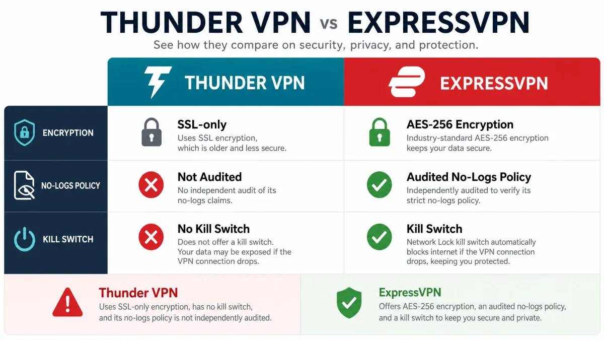A comparison graphic placing Thunder VPN next to ExpressVPN, contrasting SSL-only and no kill switch against AES-256, an audited no-logs policy, and a kill switch.