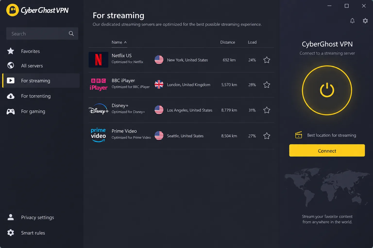 CyberGhost's Windows app showing its "For streaming" server tab, with entries labelled for Netflix US, BBC iPlayer, Disney+ and Prime Video.