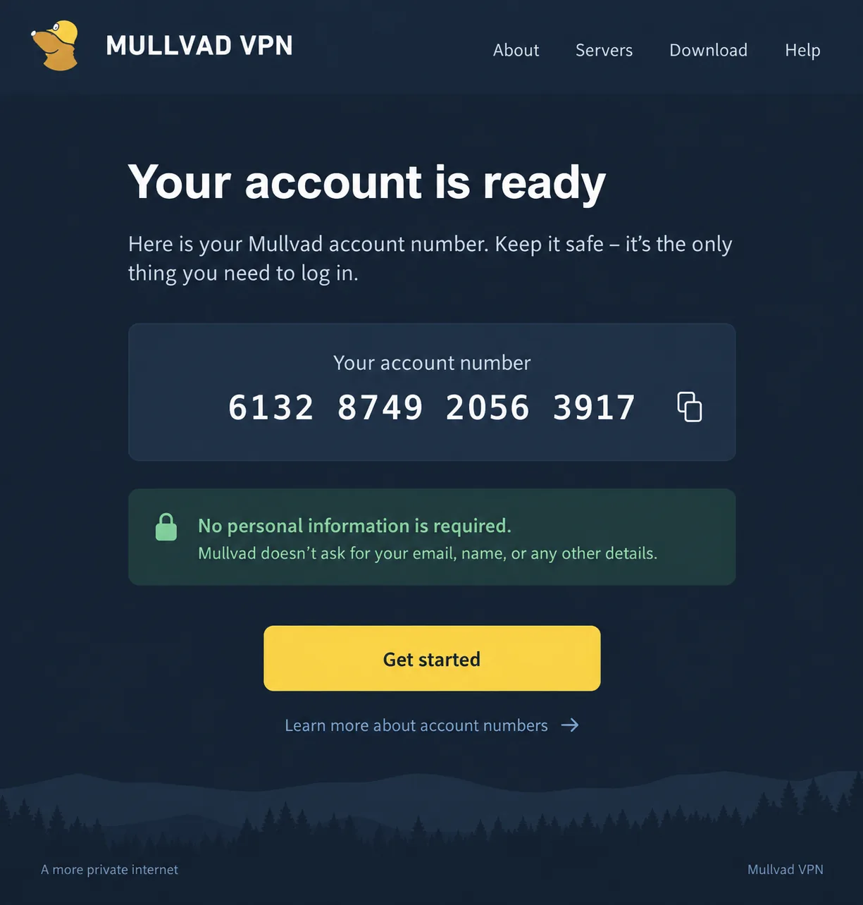 Mullvad's account creation screen displaying a freshly generated 16-digit account number, with no email or name fields on the page.