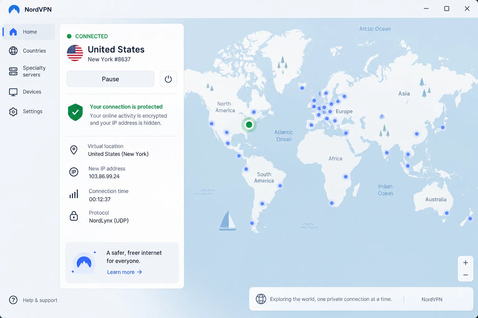 NordVPN's desktop app connected to a US server, with the world server map on the right and the connection status panel showing a protected session.