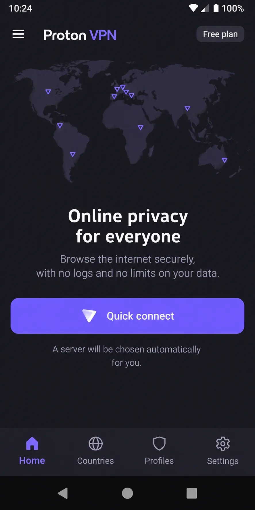 Proton VPN's free plan on an Android phone, showing the quick-connect button and a note that the server is chosen automatically.