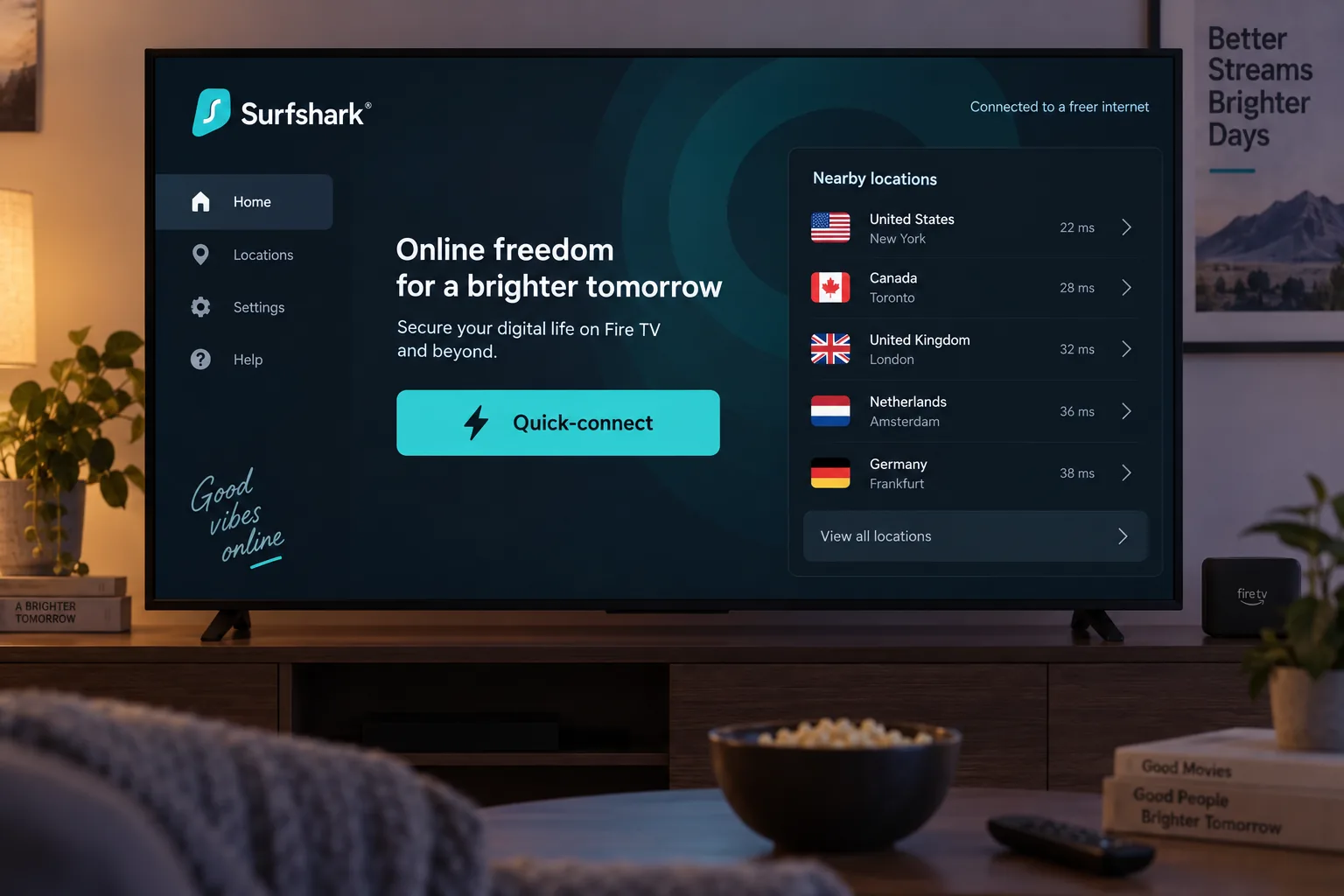 Surfshark's Fire TV app on a living room television, showing the quick-connect button and a list of nearby server locations.