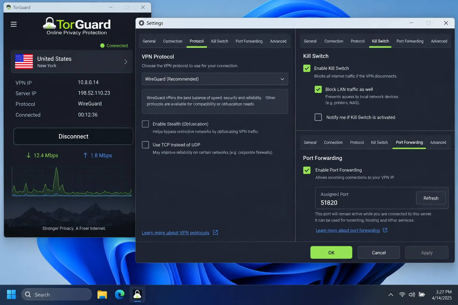 TorGuard's Windows app with its settings window open, showing protocol, kill switch and port forwarding options spread across several separate tabs.