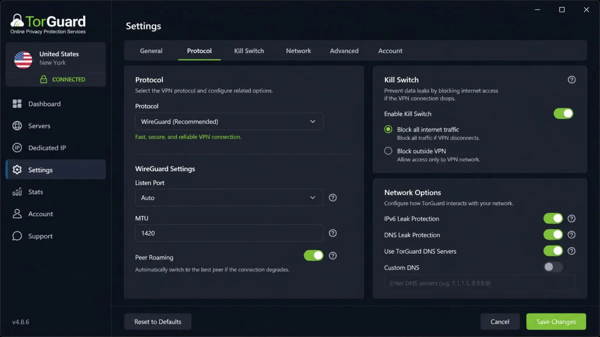 TorGuard desktop app settings screen with protocol, kill switch, and network options spread across multiple tabs.