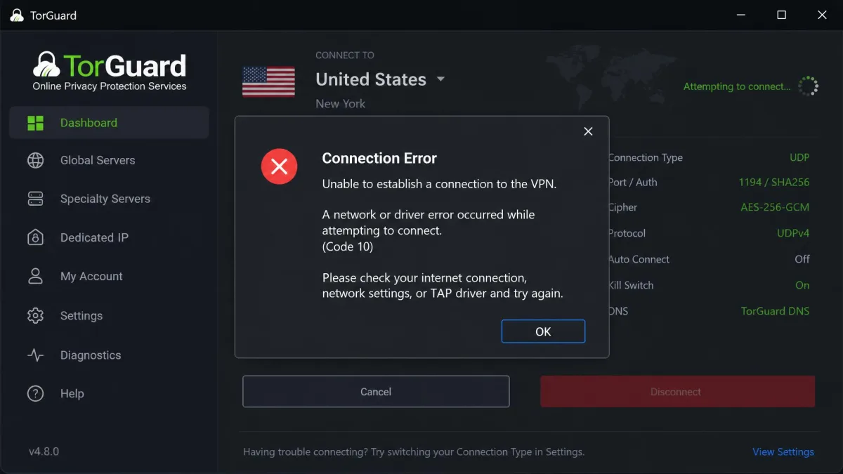 TorGuard Windows app displaying a connection error dialog with a network or driver error message during a failed connect attempt.