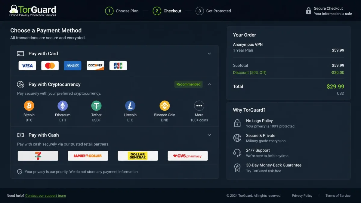 TorGuard checkout page showing cryptocurrency and cash payment options alongside standard card payment methods.