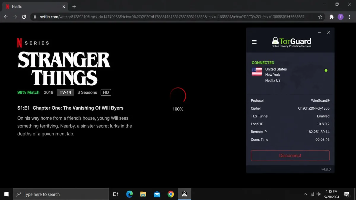 TorGuard connected to a server with Netflix loading a title on screen during a streaming unblock test.