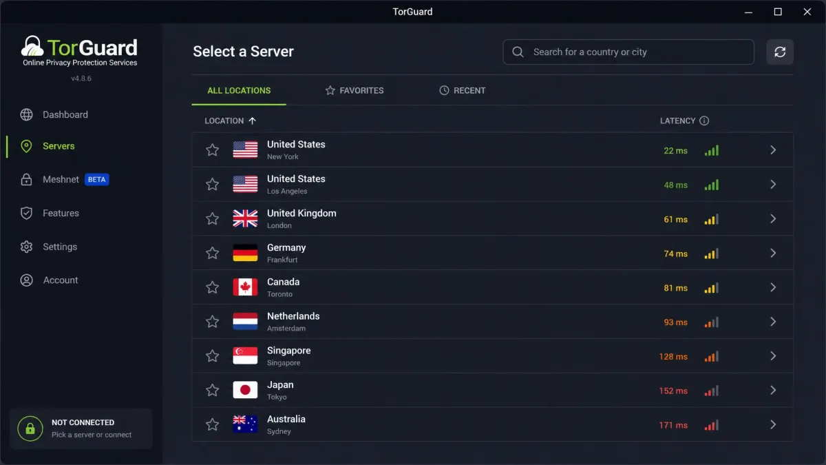 TorGuard app server selection screen listing available countries and cities with latency indicators next to each location.