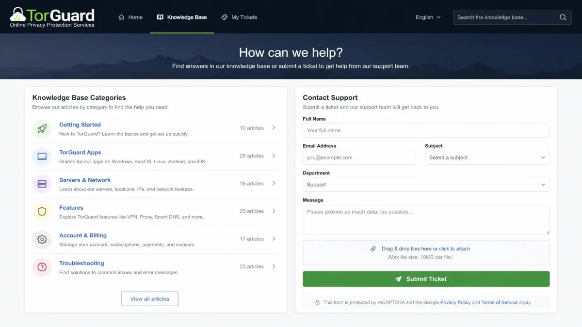 TorGuard support portal showing the knowledge base categories and a ticket submission form for contacting the help team.