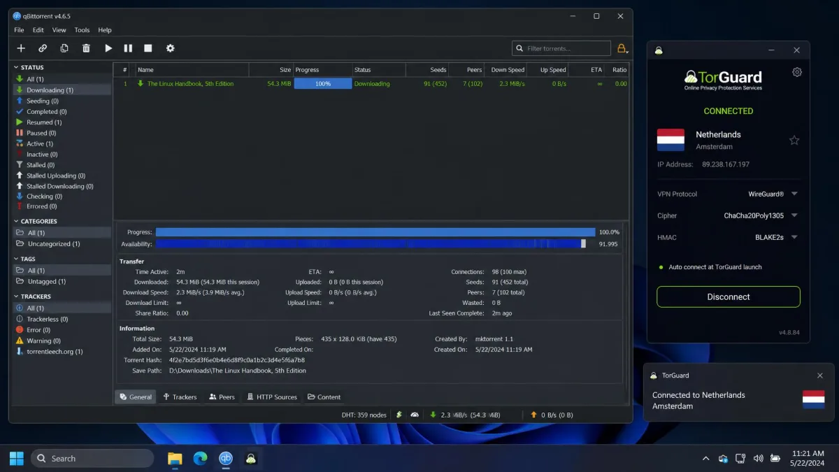 A torrent client downloading successfully while TorGuard is connected to a non-US server, with the VPN status bar visible.