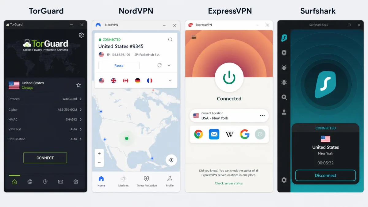 Side-by-side view of the TorGuard, NordVPN, ExpressVPN, and Surfshark connection screens highlighting the difference in app design.