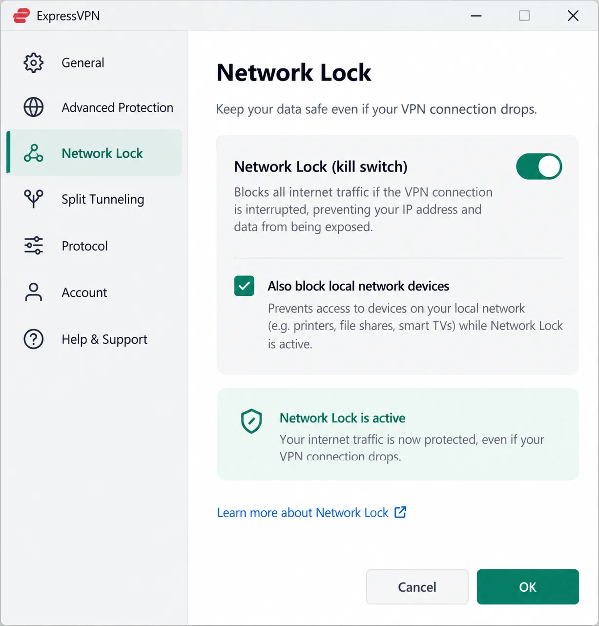 ExpressVPN's Windows settings screen with the Network Lock kill switch toggle switched on and the option to block local network devices shown underneath.