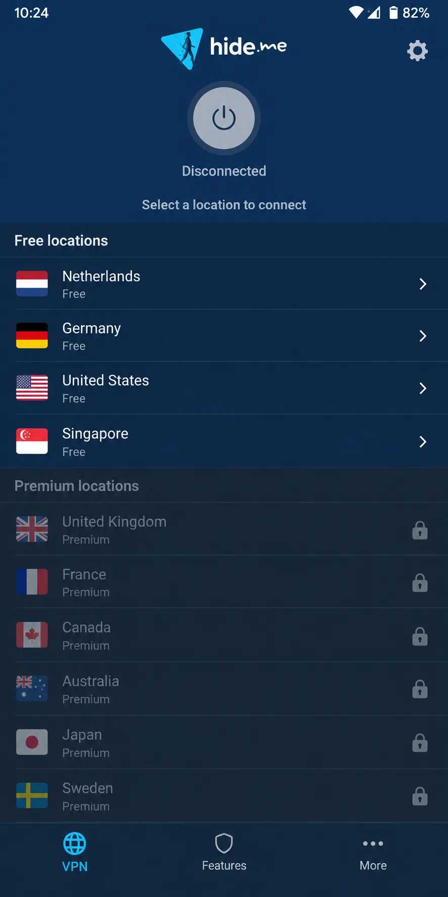 Hide.me's mobile app on the free plan showing its short list of free server locations, with premium locations greyed out below and no sign-in screen.