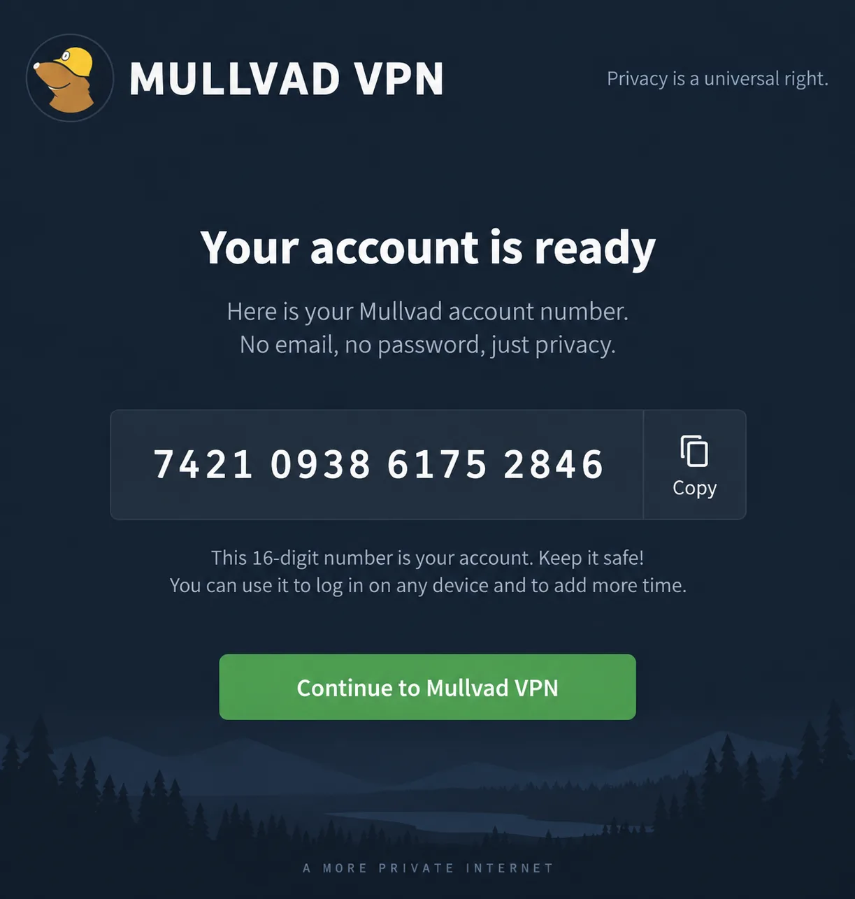 Mullvad VPN's sign-up screen displaying a freshly generated 16-digit account number with a copy button and no fields for an email address or password.