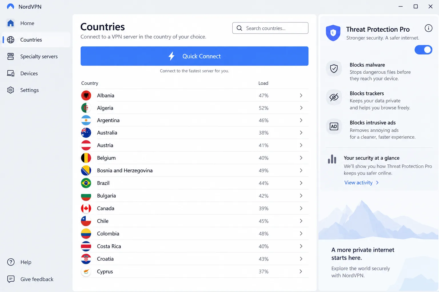 NordVPN's Windows app in list view, showing countries sorted alphabetically with a Quick Connect button above and Threat Protection Pro switched on in the side panel.