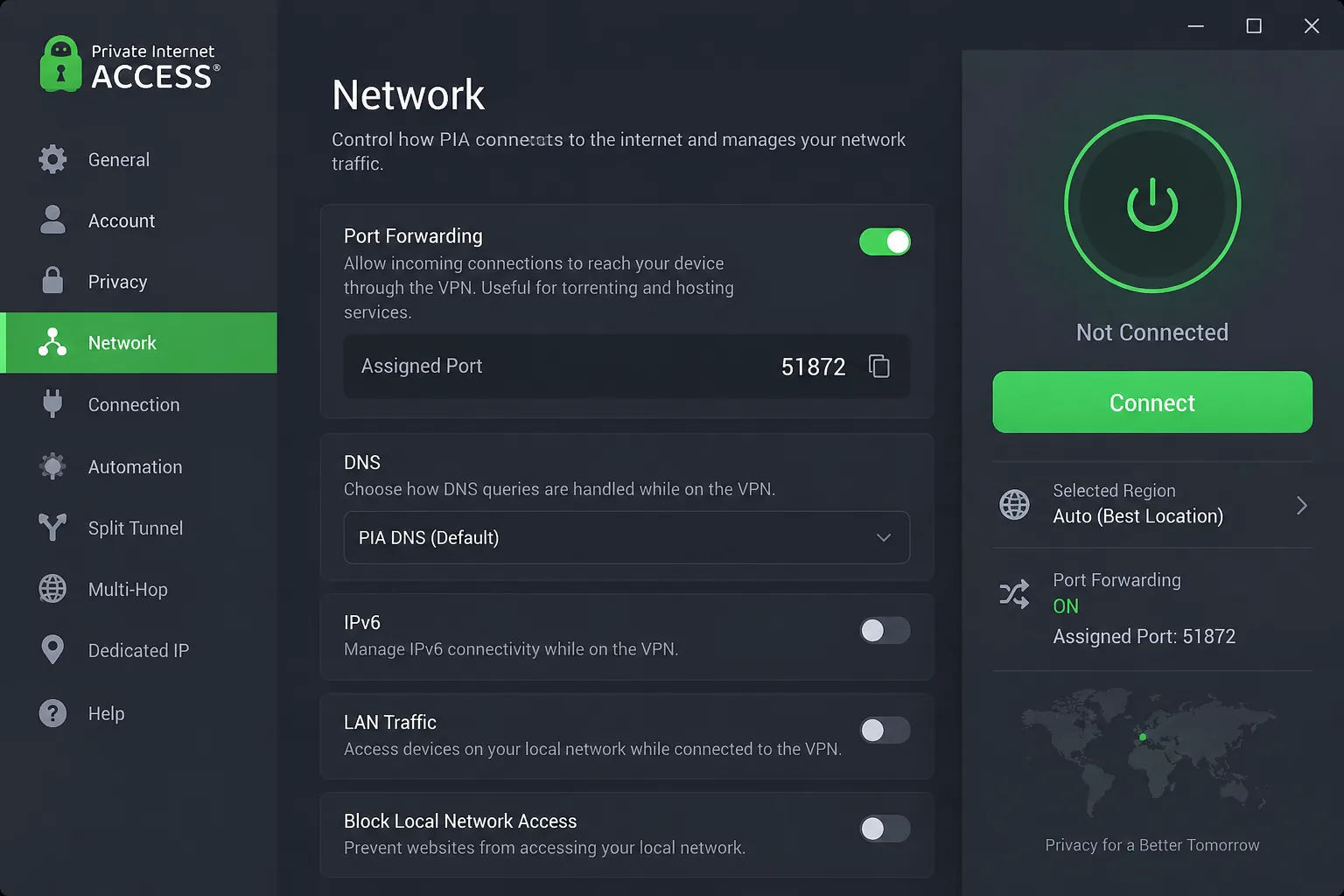 Private Internet Access's settings panel open on the Network tab, with the port forwarding toggle switched on and the assigned port number shown under the connect button.
