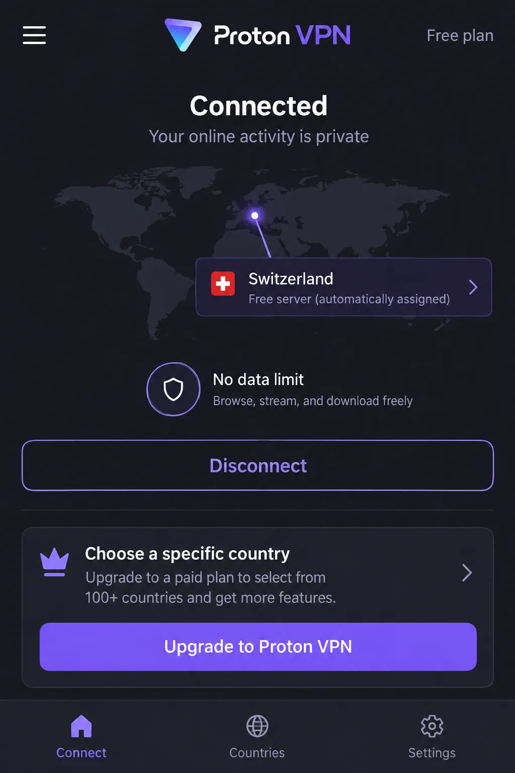 Proton VPN's free plan connect screen showing an automatically assigned free server, the "no data limit" label and the upgrade prompt for choosing a specific country.
