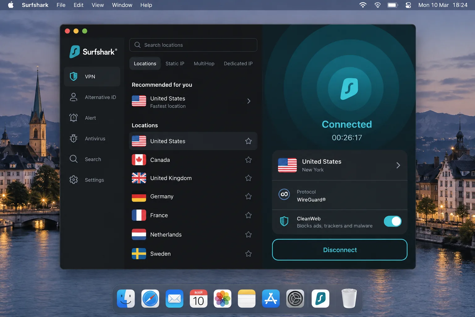 Surfshark's macOS app connected to a US server from Europe, showing the connection timer, the WireGuard protocol label and the CleanWeb toggle switched on.