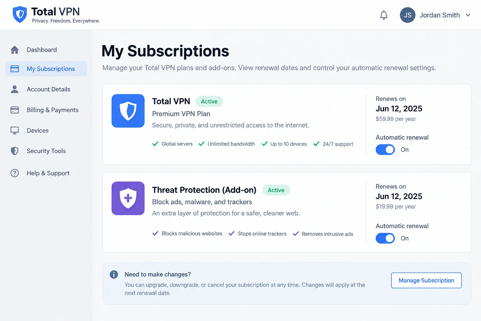 The Total VPN online account control panel open on the My Subscriptions page, listing the VPN plan and an add-on with their renewal dates and automatic renewal toggles.