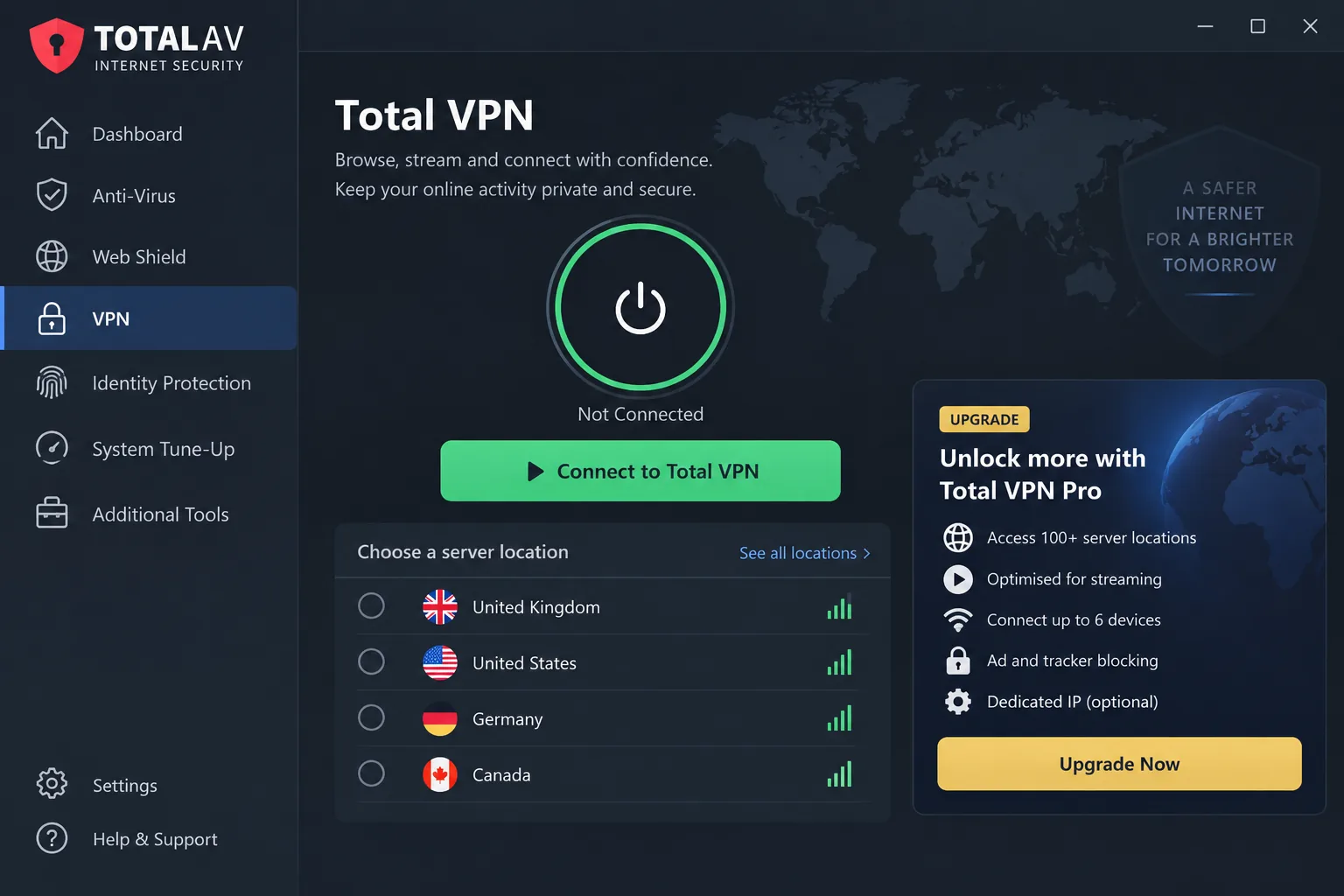 The TotalAV Internet Security dashboard with the VPN tab selected, showing the Total VPN connect button, a short server location list and an upgrade banner for add-on features.