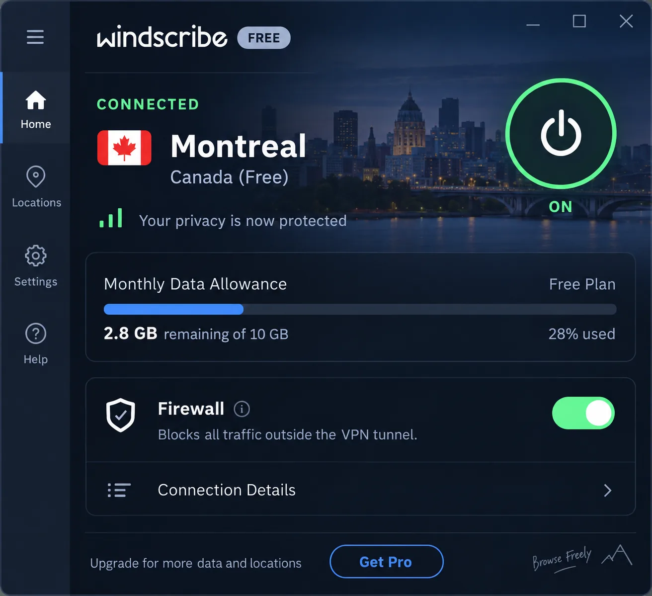Windscribe's desktop app on the free plan showing the remaining monthly data allowance out of 10GB, a connected free server location and the Firewall toggle switched on.