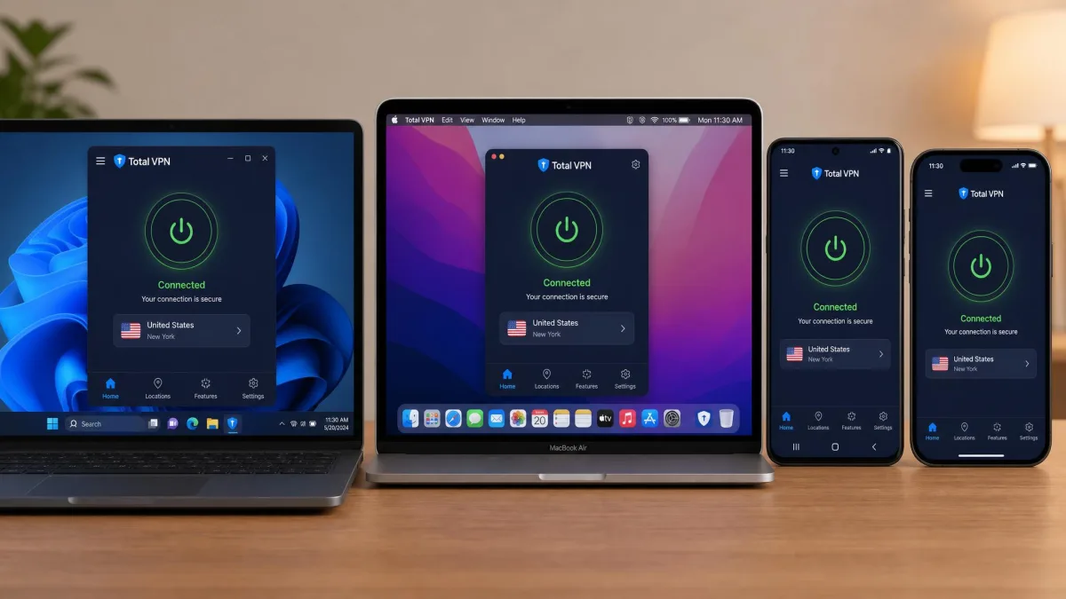 Total VPN apps shown side by side on a Windows laptop, a macOS laptop, an Android phone, and an iPhone, each displaying the connection screen.