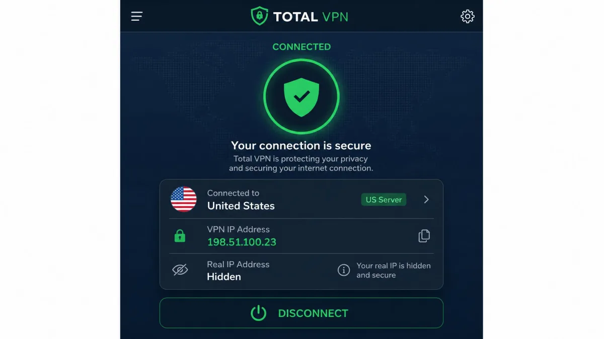 Total VPN connection status screen showing the app connected to a US server with the assigned VPN IP address displayed and the real IP hidden.