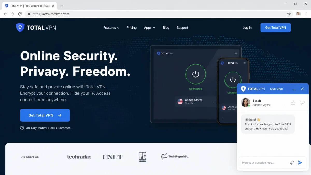 Total VPN live chat support window open in the bottom corner of a browser, with a support agent greeting message and a text box for the question.