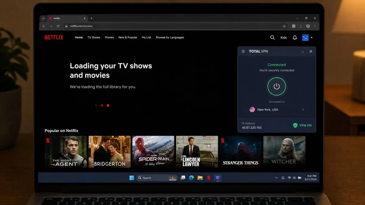 Netflix home screen loading the US library on a laptop while Total VPN is connected to a New York server, with a movie row visible.