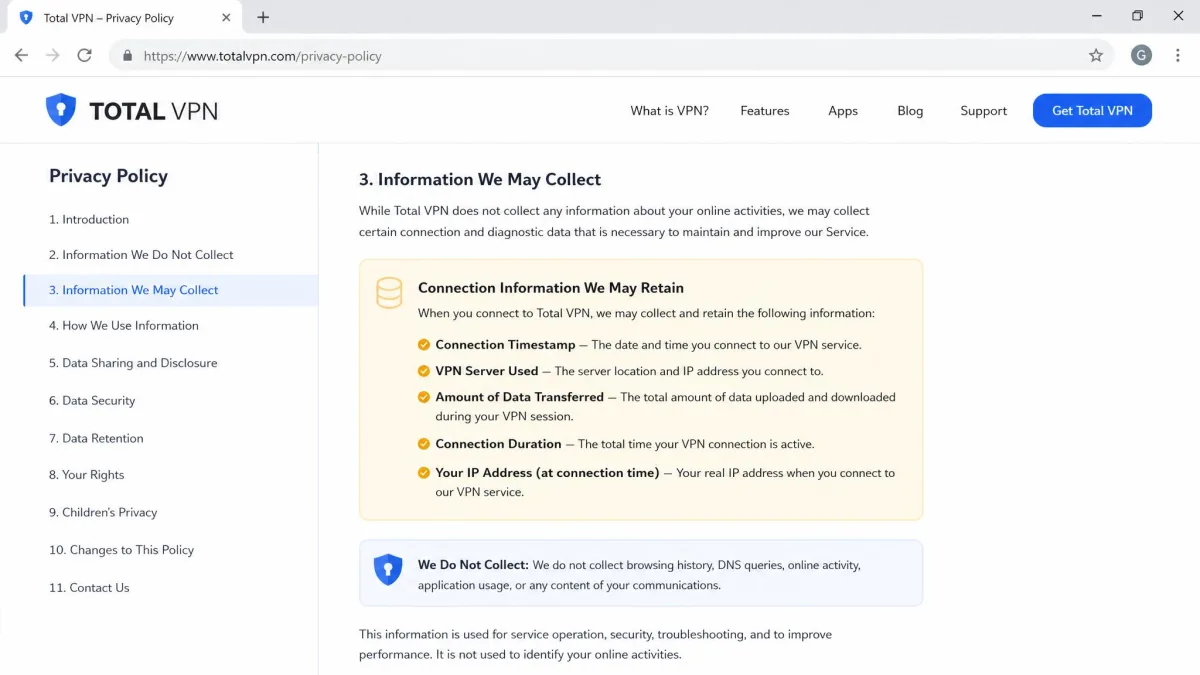 Total VPN privacy policy page open in a browser with the data-collection section highlighted, showing which connection details the service may retain.